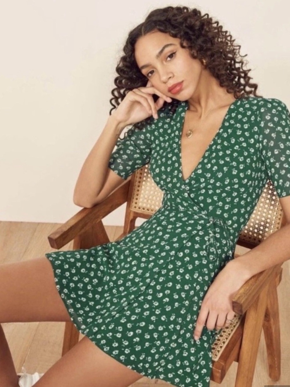 Reformation Dark Green Ditsy Floral Wrap Mini Dress